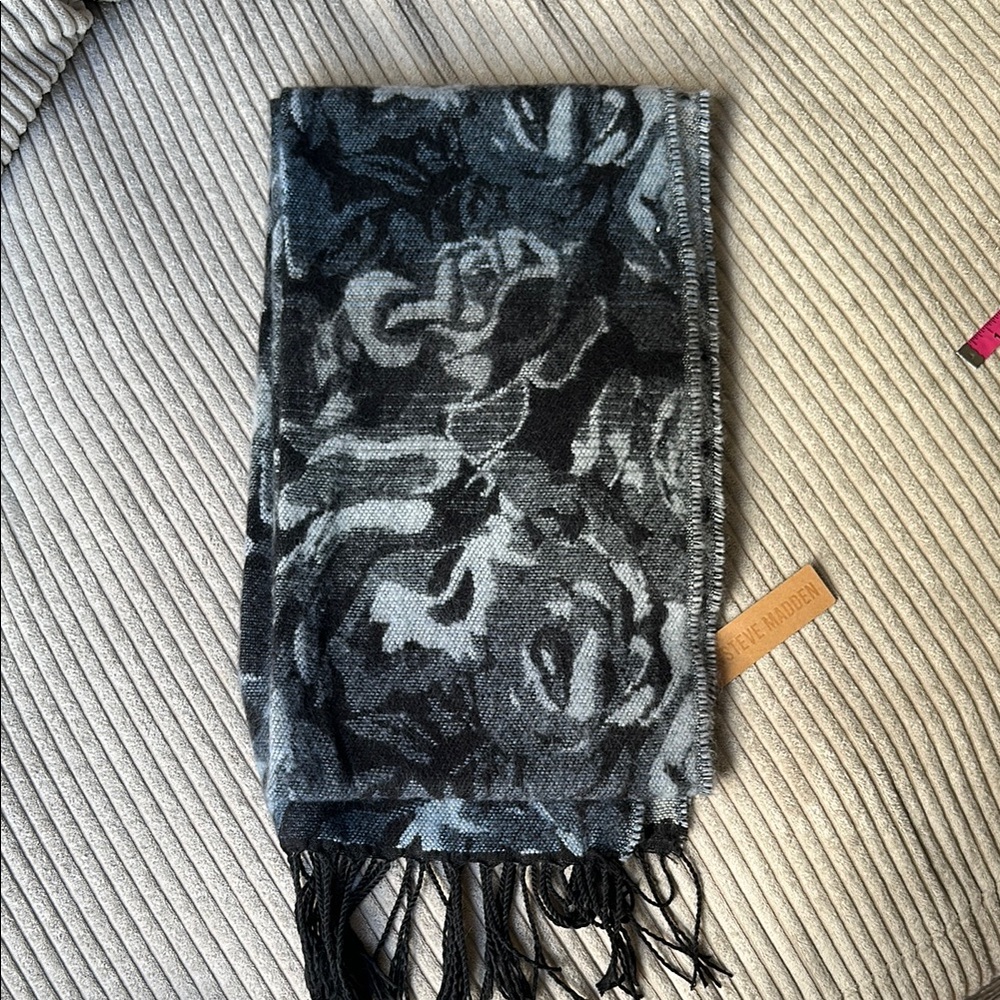 Steve Madden Black and Gray Rose Print Fringe Scarf